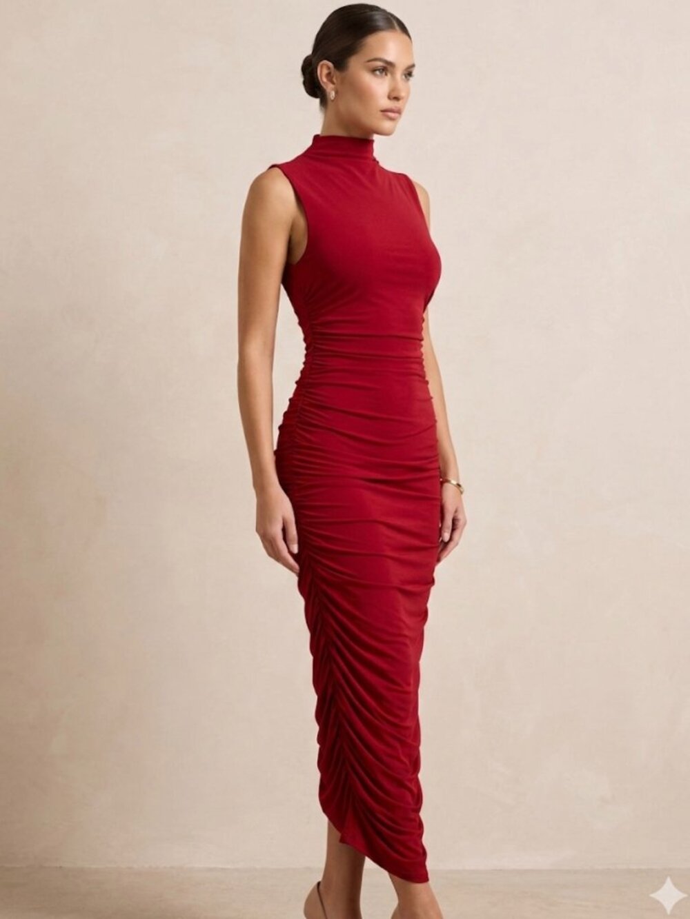 Express Sleeveless Mock Neck Ruched Midi Dress in Red